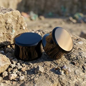 Op de afbeelding: Twee ronde oorplugs met een gladde, glanzend zwarte afwerking. Elk stuk heeft een plat, reflecterend vooroppervlak en een licht concaaf cilindrisch lichaam, ontworpen voor het oprekken van de oren.