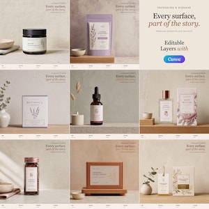 May include: A collection of product packaging mockups featuring various items including a dark jar, a lavender pouch, a Botanica box, a dropper bottle, a perfume bottle, a spice jar, a rectangular box, and branded tags with the text Every surface, part of the story.