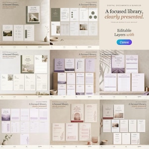Könnte beinhalten: Eine Sammlung digitaler Dokumentvorlagen und Pakete mit verschiedenen Planerseiten, Arbeitsbüchern und Organisationslayouts. Die Designs enthalten Text wie A focused library, clearly presented und Editable Layers with Canva.