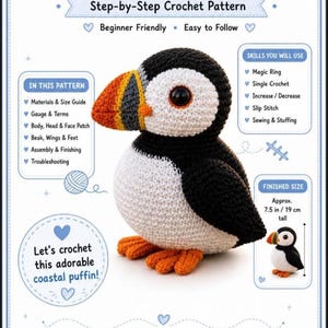 Może przedstawiać: Cyfrowy wzór szydełkowy zatytułowany Coastal Puffin Amigurumi przedstawiający gotową zabawkę maskonura w kolorach czarnym, białym i pomarańczowym. Przewodnik zawiera sekcje dotyczące materiałów, umiejętności oraz gotowy rozmiar około 19 cm wysokości.