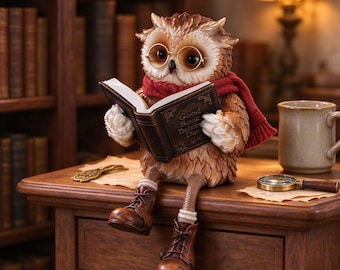 May include: A brown owl figurine wearing round glasses and a red scarf, sitting while reading an open book with the text Good Book Delight Days on the cover. The owl wears brown lace-up boots and is positioned with a magnifying glass nearby.
