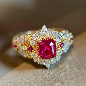 5.48 Ct Natural Red Ruby & Diamond Engagement Ring in Solid 14K Yellow Gold, Cushion  Cut, Vintage Style Bridal, Gift for her