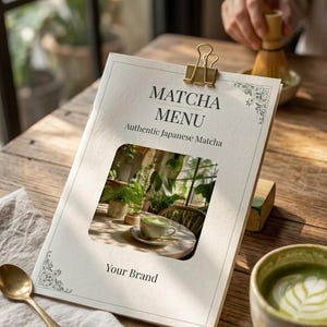 May include: A cream-colored menu card titled MATCHA MENU Authentic Japanese Matcha with a central rectangular cutout showing a matcha tea scene. The card is held by a gold metal binder clip and features decorative corner flourishes and Your Brand text.