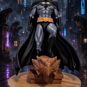 Pode incluir: Uma figura do Batman impressa em 3D com 47 cm de altura, vestindo um traje cinza e preto com um cinto utilitário amarelo e uma capa preta fluida. O personagem está sobre uma base de gárgula marrom. Texto: 47 cm hoog 3D geprint.