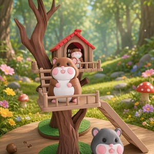 May include: A brown and white hamster figurine stands on a brown treehouse platform with a red roof, while a gray and white hamster figurine stands below. Text on the image reads: 3D Printed, Made with Love, Not suitable for children under 3 years.