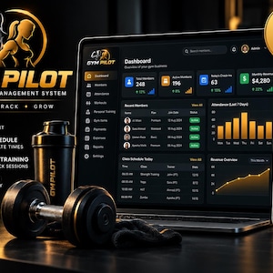 May include: A Gym Pilot gym management system display on a laptop and smartphone screen, featuring a dashboard with member statistics, revenue charts, and class schedules. A black shaker bottle and a dumbbell are placed in the foreground.