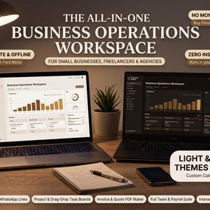 May include: Two laptops display a business operations workspace dashboard with light and dark themes. Text includes THE ALL-IN-ONE BUSINESS OPERATIONS WORKSPACE, NO MONTHLY FEES, 100% PRIVATE & OFFLINE, and ZERO INSTALLATION. A plant, mug, notebook, and pen are present.