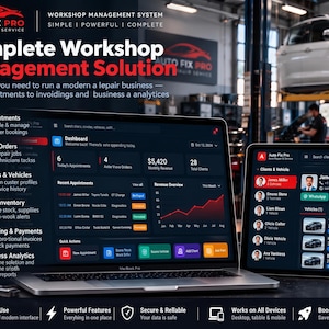 Könnte beinhalten: Ein Laptop und ein Tablet mit dem Dashboard des Auto Fix Pro Werkstattmanagementsystems. Die Bildschirme zeigen Funktionen wie Termine, Arbeitsaufträge, Kundenprofile, Lagerbestände, Rechnungsstellung und Geschäftsanalysen.