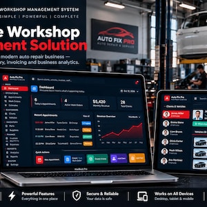 May include: A laptop and tablet displaying the Auto Fix Pro workshop management system dashboard. The screens show client lists, vehicle service history, and financial analytics. The interface features a dark mode design with red accents.