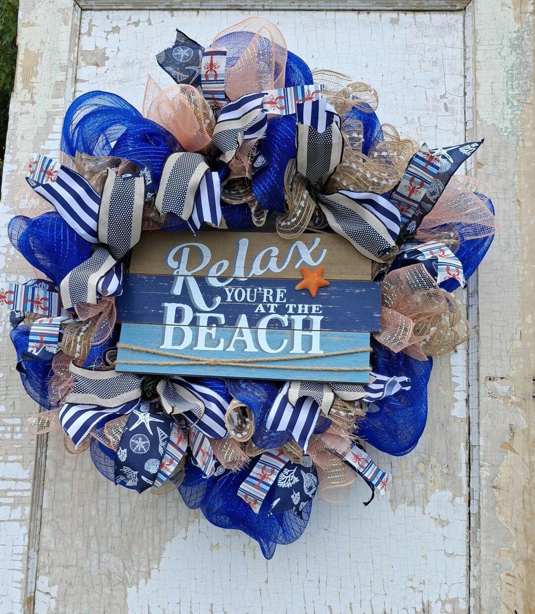 Beach Wreath, Coastal Nautical Door Decor ,blue and Beige Summer Mesh ...