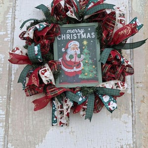 Handmade Christmas Wreath: Santa Sign, Red & Green Ribbons, Holiday Decor (32 Inches)