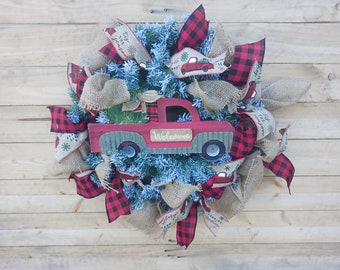 Red Truck Wreath, Christmas Wreath, Farmhouse Wreath, Christmas Truck Wreath,  Rustic Christmas Wreath
