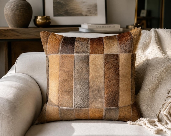Handmade Cowhide Patchwork Pillow Cover: Rustic Farmhouse Western Accent (Natural Leather)