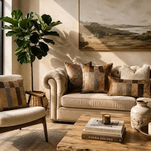 May include: A cream-colored tufted sofa and a matching armchair featuring brown and tan patchwork leather pillows. A wooden coffee table holds two stacked books titled Live Beautifully and Natural Elegance, a ceramic vase, and two candles.