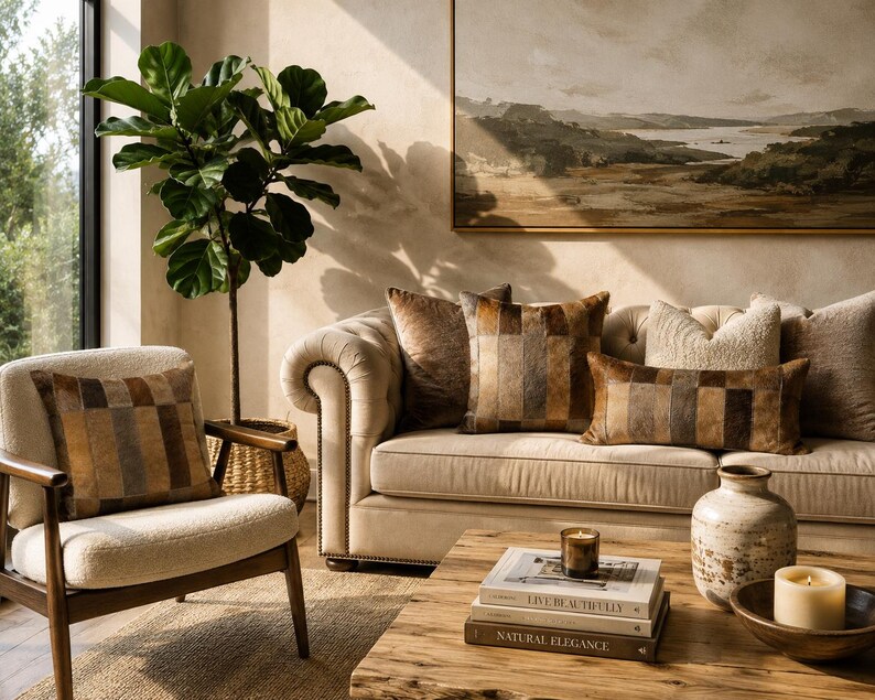 May include: A cream-colored tufted sofa and a matching armchair featuring brown and tan patchwork leather pillows. A wooden coffee table holds two stacked books titled Live Beautifully and Natural Elegance, a ceramic vase, and two candles.