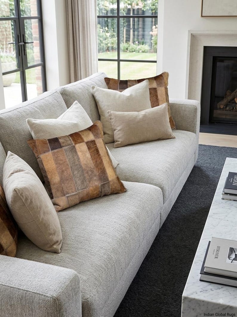 May include: A light gray textured sofa featuring an assortment of throw pillows. The collection includes solid beige square and rectangular cushions alongside square pillows with a brown and tan patchwork hide pattern in various vertical stripes.