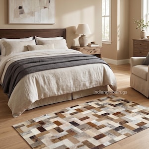 Handmade Cowhide Patchwork Rug | Geometric Leather Area Rug (Brown Beige)