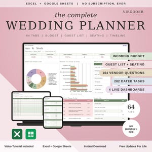 May include: A digital wedding planner for Excel and Google Sheets titled The Complete Wedding Planner. It features 64 tabs, budget, guest list, seating, and timeline tools. The display shows dashboards, charts, and task lists on a laptop and phone.