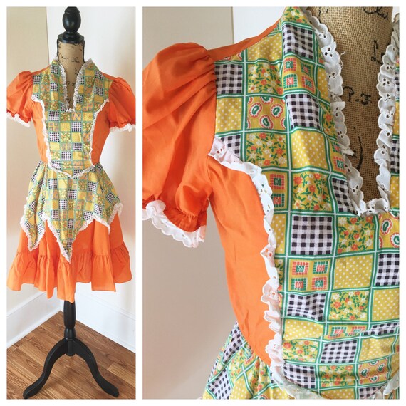 70s Patchwork Floral Plaid Ruffle Mini Dress