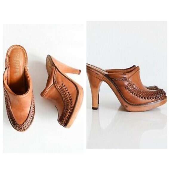 70s Wooden Boho Woven Leather Clogs