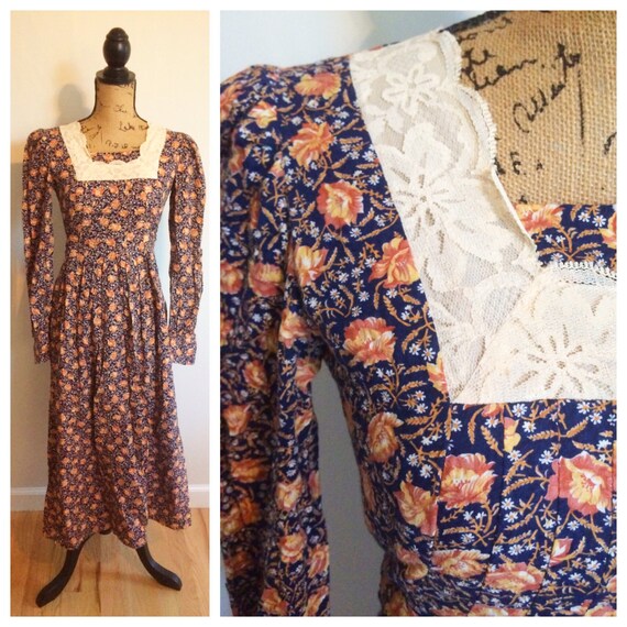 80s Square Neck Floral Country Dress