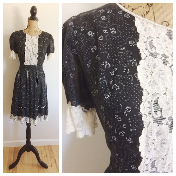 60s Kate Schorner Prairie Calico Lace Dress