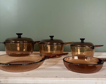 Vintage Corning Visions Amber Glass Cookware Set – 5 Pieces, France & USA.