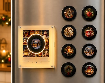 Family Christmas Gift, Personalized NFC Music Photo Fridge Magnet, Rotating Music Box with LED Warm Light & Preloaded Songs