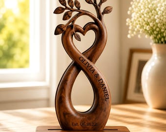 Personalized Infinity Heart Tree Sculpture, Wooden Tree of Love, Custom Couple Names, Anniversary Wedding Gift for Husband Wife Him or Her
