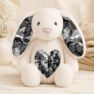 Gepersonaliseerde pluche konijn met eigen foto, knuffel met verborgen oren, cadeau voor dierenliefhebbers en baby's, jubileumcadeau, Valentijnsdagcadeau voor haar
