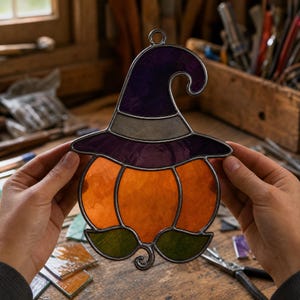 May include: A stained glass suncatcher shaped like a pumpkin wearing a purple witch hat. The pumpkin is orange with green leaves at the base, and the hat features a grey band. The piece is constructed with dark metal solder lines and a top loop.