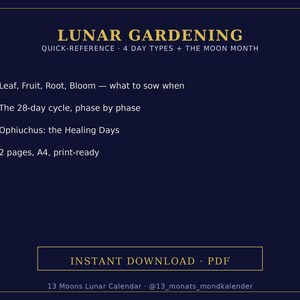Könnte beinhalten: Ein dunkelblaues digitales Dokument mit dem Titel LUNAR GARDENING QUICK-REFERENCE 4 DAY TYPES + THE MOON MONTH. Es listet Inhalte wie Leaf, Fruit, Root, Bloom, den 28-Tage-Zyklus, Ophiuchus und 2 Seiten, A4, druckfertig auf. Enthält INSTANT DOWNLOAD PDF.
