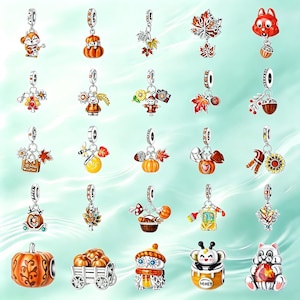 May include: A collection of twenty silver-toned metal charms featuring autumn-themed designs including pumpkins, squirrels, maple leaves, sunflowers, acorns, owls, and honey pots, each with a small loop for attachment to a bracelet or necklace chain.