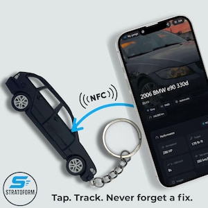 May include: A black car-shaped keychain with a metal ring, positioned next to a smartphone displaying a 2006 BMW e90 330d vehicle profile. A blue arrow points from an NFC symbol to the keychain. Text reads: Tap. Track. Never forget a fix.