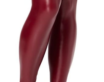 May include: Deep burgundy thigh-high stockings with a glossy, leather-like finish and a wide, intricate floral lace trim at the top. The stockings are paired with black patent leather platform sandals featuring an ankle strap and open toe design.