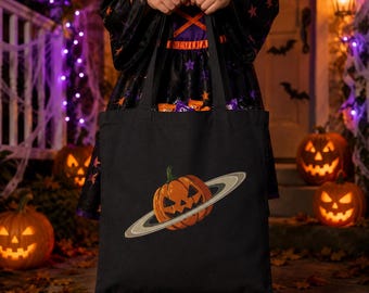 Jack-O'-Lantern Planet Tote Bag | Halloween Pumpkin Saturn Illustration