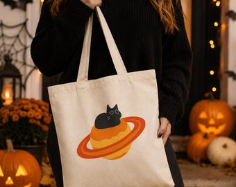 Black Cat on Saturn Bag | Cute Halloween Space Cat Canvas Tote