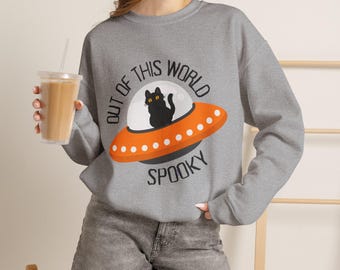 Out of This World Spooky Sweatshirt | Halloween Cat Crewneck | UFO Sweatshirt