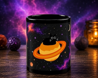 Saturn Mug Black Cat | Whimsical Space Cat Coffee Cup, Celestial Drinkware