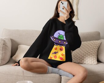 Halloween trui met buitenaardse UFO-snoepjes | Kosmische griezelige seizoenssweatshirt