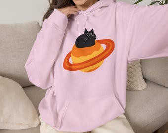 Saturnus Zwarte Kat Sweatshirt | Hemelse Ruimte Kat Trui met Ronde Hals