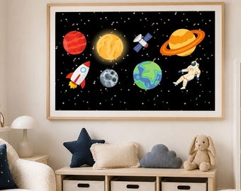 Printbare muurdecoratie met ruimtethema voor kinderen | Planeet- en astronautenthema voor de kinderkamer