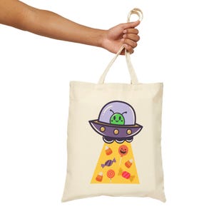 Alien UFO Halloween Candy Tote Bag | Spooky Trick or Treat Canvas Bag image 3