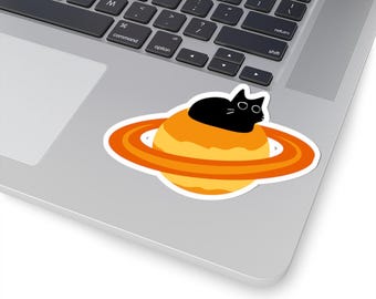 Black Cat Saturn Sticker | Cosmic Feline Vinyl Decal, Space Cat Art