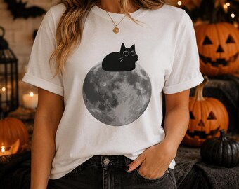 T-shirt met zwarte kat en maan | Halloween T-shirt met kat