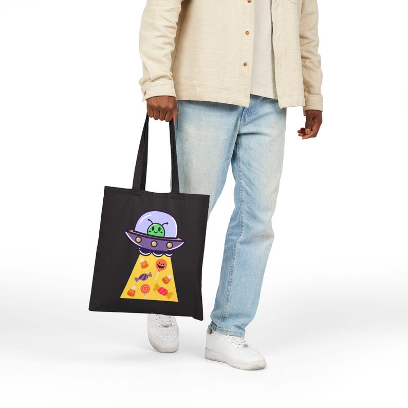 Alien UFO Halloween Candy Tote Bag | Spooky Trick or Treat Canvas Bag image 2