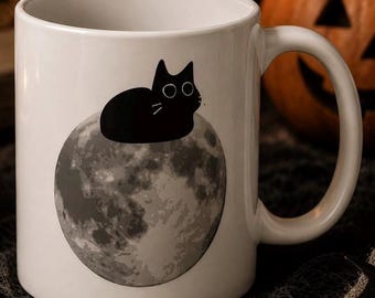 Mok met zwarte kat en maan | Halloween koffiemok
