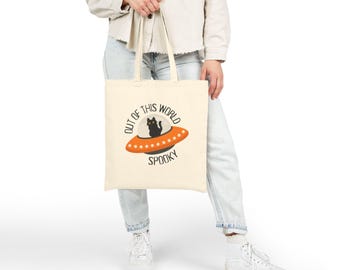 UFO Cat Tote Bag | Spooky Halloween Canvas Bag | Trick or Treat Carrier