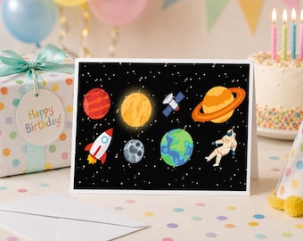 Ruimte verjaardagskaart voor kinderen | Ontwerp met planeten, raket en astronaut