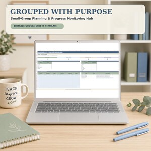 Könnte beinhalten: Ein Laptop-Bildschirm zeigt eine digitale Planungsvorlage mit dem Titel Grouped With Purpose, die ein Dashboard für die Planung in Kleingruppen und die Fortschrittsüberwachung mit verschiedenen Datentabellen und Übersichten enthält.